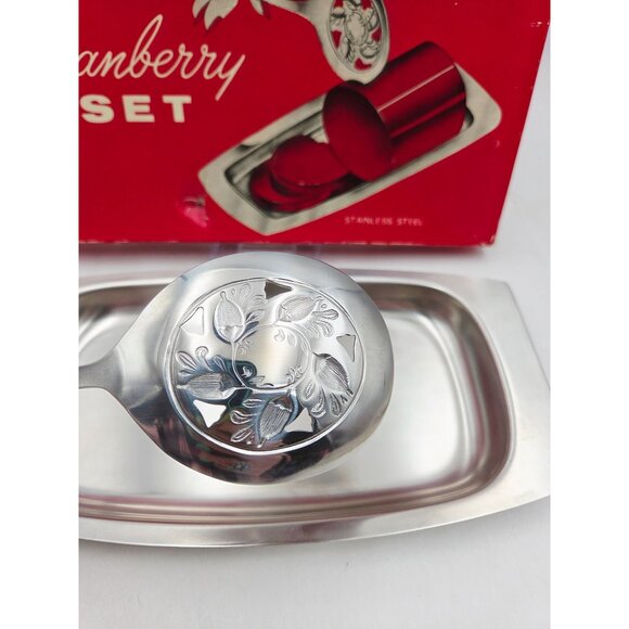 Vintage Cranberry Serving Set Leonard Stainless Steel Spoon & Tray in Box - Picture 3 of 11
